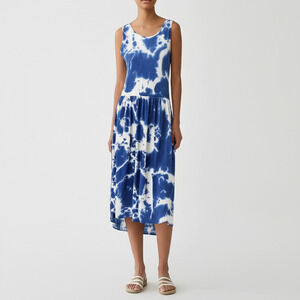 LONGYUAN Womens Sleeveless‎ Dress Size XL Blue White Tie Dye Flowy Gathered